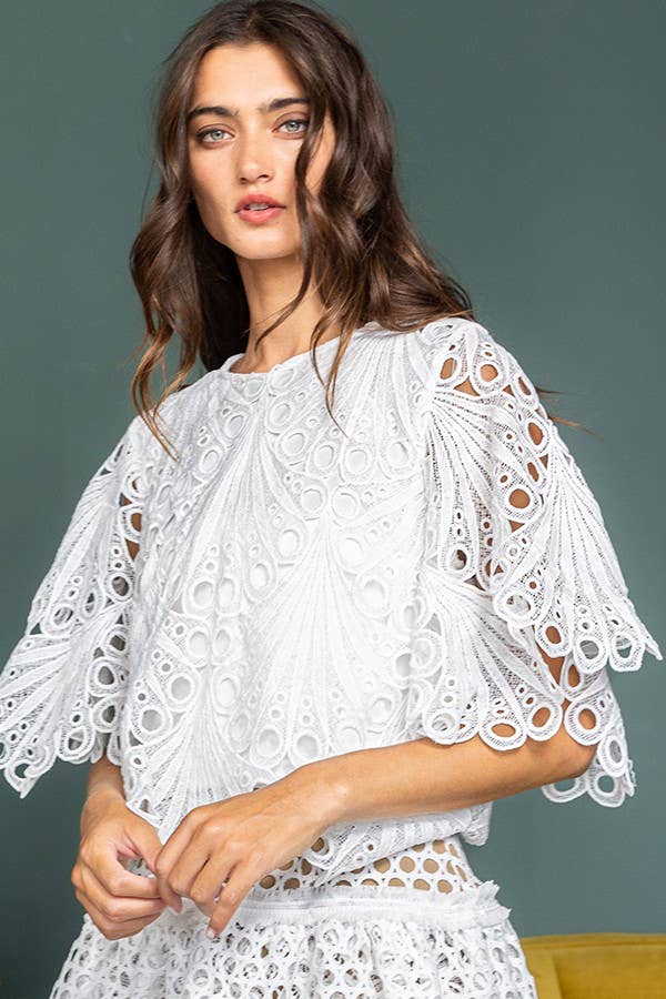 【HONEY MI HONEY】brush lace scallop tunic Honey Punch Mustard Yellow Embroidered Mesh Romper Scallop